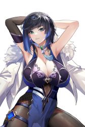 Rule 34 | 1girl, armpits, arms behind head, arms up, black hair, blue hair, bob cut, bodysuit, breasts, brooch, choker, cleavage, diagonal bangs, dice, drive shot, elbow gloves, fur-trimmed jacket, fur trim, genshin impact, gloves, green eyes, grin, highres, jacket, jewelry, large breasts, mole, mole on breast, multicolored hair, pantyhose, pelvic curtain, short hair, simple background, single elbow glove, smile, solo, tassel choker, two-tone hair, vision (genshin impact), white background, white choker, white jacket, yelan (genshin impact)
