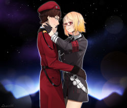 Rule 34 | 1boy, 1girl, artist name, beret, black gloves, black jacket, black necktie, blonde hair, blush, brown eyes, brown gloves, brown hair, closed mouth, coat, commander (girls&#039; frontline), commentary, commission, darkpulsegg, english commentary, feet out of frame, girls&#039; frontline, glasses, gloves, griffin &amp; kryuger military uniform, hand on another&#039;s thigh, hands on another&#039;s shoulders, hat, highres, jacket, lips, long sleeves, looking at another, medium hair, military, military uniform, mole, mole under mouth, mp40 (girls&#039; frontline), necktie, red coat, red eyes, shirt, short hair, smile, standing, star (symbol), starry background, uniform, white shirt