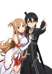 Rule 34 | 1boy, 1girl, :d, absurdres, armor, asuna (sao), black eyes, black gloves, black hair, black pants, black shirt, breastplate, brown eyes, brown hair, collarbone, detached sleeves, fingerless gloves, gloves, hair between eyes, hand on another&#039;s hip, hand on another&#039;s shoulder, highres, kirito, long hair, miniskirt, official art, open mouth, pants, pleated skirt, red skirt, shirt, simple background, skirt, smile, sword art online, thighhighs, very long hair, white background, white thighhighs, zettai ryouiki