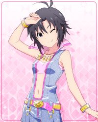 Rule 34 | 10s, 1girl, antenna hair, armpits, artist request, bare shoulders, belt, black eyes, black hair, bracelet, breasts, closed mouth, collarbone, idolmaster, idolmaster (classic), idolmaster million live!, idolmaster million live! theater days, jewelry, kikuchi makoto, looking at viewer, midriff, million dreams (idolmaster), navel, necklace, official art, one eye closed, short hair, sleeveless, small breasts, smile, solo