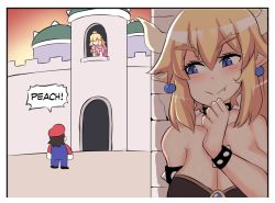 Rule 34 | 1boy, 2girls, armlet, bare shoulders, black dress, blonde hair, blue eyes, blue overalls, blush, bowsette, bracelet, breasts, brooch, bush, castle, cleavage, collar, comic, commentary, crown, dress, earrings, elbow gloves, english commentary, english text, fang, forked eyebrows, gloves, hand to own mouth, hat, highres, hinghoi, horns, jewelry, large breasts, long hair, mario, mario (series), multiple girls, new super mario bros. u deluxe, nintendo, overalls, pink dress, pointy ears, ponytail, princess peach, red hat, red shirt, shirt, smile, spiked armlet, spiked bracelet, spiked collar, spikes, thick eyebrows, white gloves