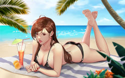Rule 34 | 1girl, arm support, ass, bad id, bad pixiv id, barefoot, beach, beach towel, bikini, black bikini, blurry, breasts, brown hair, chromatic aberration, cleavage, cocktail umbrella, collarbone, cup, day, depth of field, drink, drinking glass, drinking straw, dumpling2333, earrings, feet, feet up, fingernails, food, fruit, glass, highres, horizon, jewelry, long hair, looking at viewer, lying, medium breasts, nail polish, nose, o-ring, o-ring bikini, o-ring bottom, o-ring top, ocean, on ground, on stomach, original, outdoors, own hands together, palm leaf, parted bangs, parted lips, red eyes, red lips, red nails, sand, soles, solo, swimsuit, towel