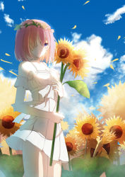 Rule 34 | 1girl, alternate costume, blue sky, blush, closed mouth, cloud, cloudy sky, cowboy shot, day, dress, fate/grand order, fate (series), flower, flower wreath, hair over one eye, highres, holding, holding flower, light smile, looking at viewer, mash kyrielight, outdoors, petals, pink hair, purple eyes, re:rin, sky, smile, solo, sunflower, white dress