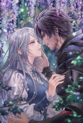 Rule 34 | 1boy, 1girl, arm strap, black hair, black jacket, blue eyes, blue vest, blurry, blurry background, blurry foreground, clive rosfield, commission, couple, dress, earrings, facial hair, facial scar, final fantasy, final fantasy xvi, flower, grey hair, high collar, highres, jacket, jewelry, jill warrick, juliet sleeves, leaf, light particles, long hair, long sleeves, looking at another, parted lips, puffy sleeves, scar, scar on cheek, scar on face, short hair, single earring, swept bangs, upper body, vest, white dress, zenyu