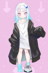 Rule 34 | 1girl, absurdres, alternate height, asymmetrical footwear, bare legs, black jacket, blue socks, blush, closed mouth, coat, colored inner hair, hair ornament, hairclip, highres, jacket, lize helesta, long hair, long sleeves, multicolored hair, nijisanji, off-shoulder coat, off-shoulder shirt, off shoulder, open clothes, open jacket, oversized clothes, purple eyes, ruwo benzen, shirt, shoes, silver hair, single shoe, sneakers, socks, solo, streaked hair, uneven footwear, virtual youtuber, white footwear, white shirt