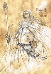 Rule 34 | 1boy, armor, beard, belt, cape, character name, closed mouth, commentary, dated, english commentary, facial hair, gandalf, highres, holding, holding staff, kazuki-mendou, leather armor, tolkien&#039;s legendarium, male focus, monochrome, robe, signature, solo, staff, standing, sword, the lord of the rings, weapon, wizard, yellow theme