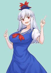 Rule 34 | 1girl, :d, aqua background, blue dress, blue headwear, breasts, chalk, cleavage, cowboy shot, dress, grey hair, highres, holding, holding chalk, index finger raised, kakone, kamishirasawa keine, large breasts, long hair, looking at viewer, open mouth, puffy short sleeves, puffy sleeves, red eyes, short sleeves, simple background, smile, solo, standing, touhou