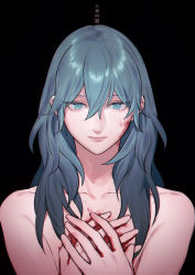Rule 34 | 1girl, black background, blood, blood on face, blood on hands, blue eyes, blue hair, byleth (female) (fire emblem), byleth (fire emblem), closed mouth, commentary, completely nude, fire emblem, fire emblem: three houses, hair between eyes, hands on own chest, highres, ikarin, long hair, nintendo, nude, simple background, solo, translation request, upper body