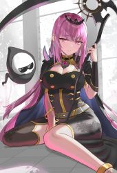 Rule 34 | 1girl, anklet, belt, between legs, black cape, black dress, black thighhighs, breasts, cape, cleavage, commentary request, death-sensei (mori calliope), dress, grey belt, head tilt, highres, holding, holding scythe, hololive, hololive english, inari (ambercrown), jewelry, large breasts, long hair, looking at viewer, mori calliope, on floor, parted lips, pink eyes, pink hair, scythe, see-through, shoulder spikes, sidelocks, single thighhigh, sitting, spikes, thighhighs, tiara, tree shade, very long hair, virtual youtuber