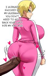 Rule 34 | 1boy, 1girl, android 18, arms up, blonde hair, blue eyes, breasts, breasts out, clothes, dark-skinned male, dark skin, dragon ball, dragon ball super, english text, erection, gt18art, highres, huge breasts, interracial, large penis, looking back, medium hair, multiple boys, netorare, nipples, penis, pov, smile, veins, veiny penis