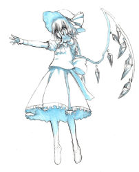 Rule 34 | 1girl, bad id, bad pixiv id, crystal, flandre scarlet, full body, graphite (medium), hat, hat ribbon, marker (medium), monochrome, outstretched arms, outstretched hand, puffy short sleeves, puffy sleeves, ribbon, shiratama (hockey), short hair, short sleeves, skirt, skirt set, solo, touhou, traditional media, wings, wrist cuffs