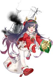 Rule 34 | 1girl, akasaka yuzu, antlers, black hair, boots, box, christmas, full body, gift, gift box, gloves, gradient hair, green eyes, hat, horns, kantai collection, long hair, long sleeves, looking at viewer, machinery, matsuwa (kancolle), miss cloud, multicolored hair, official art, open mouth, pantyhose, pink hair, purple hair, reindeer antlers, sack, santa boots, santa costume, scarf, solo, tears, torn clothes, transparent background