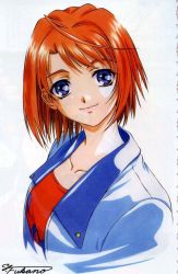 Rule 34 | 00s, 1girl, blue eyes, blush, close-up, collarbone, fukano youichi, grey background, jacket, lips, looking at viewer, my-hime, my-otome, open clothes, open jacket, orange hair, red hair, red shirt, shirt, short hair, signature, simple background, smile, solo, t-shirt, tokiha mai, upper body