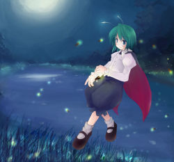 Rule 34 | 1girl, alternate eye color, antennae, blue eyes, blue shorts, blush, breast pocket, bug, buttons, cape, collared shirt, female focus, fireflies, firefly, full body, grass, green hair, insect, juliet sleeves, lake, long sleeves, mary janes, moonlight, nature, night, night sky, outdoors, pocket, puffy shorts, puffy sleeves, reflection, shirt, shoes, short hair, shorts, sky, smile, socks, solo, tomboy, touhou, tree, white shirt, wriggle nightbug