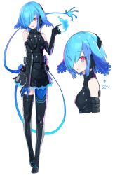 Rule 34 | 1girl, :d, arrow (symbol), bare shoulders, black dress, black footwear, black gloves, blue hair, blush, boots, breasts, chorefuji, commentary request, dress, elbow gloves, eyelashes, full body, gloves, hair over one eye, hand up, highres, looking at viewer, medium hair, multicolored eyes, multiple views, open mouth, original, sharp teeth, shiny clothes, simple background, sleeveless, sleeveless dress, smile, standing, teeth, thigh boots, thighhighs, tongue, translation request, triangle cutout, turtleneck, turtleneck dress, water drop, white background