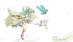 Rule 34 | 1girl, armored animal, bare shoulders, bird, breasts, character name, collar, duel monster, gloves, green eyes, green hair, gusto gulldo, hair ornament, highres, holding, holding staff, jacket, jewelry, long hair, medium breasts, necklace, open mouth, ponytail, red eyes, sandals, shorts, staff, standing, standing on one leg, tamago (xyxk3743), thighlet, winda priestess of gusto, yu-gi-oh!
