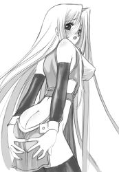 Rule 34 | 1girl, ass, blush, breasts, character request, from behind, greyscale, highres, long hair, looking at viewer, looking back, monochrome, no panties, quiz magic academy, senomoto hisashi, solo, thighhighs, very long hair