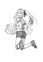 Rule 34 | 10s, 1girl, :d, bad id, bad pixiv id, cheerleader, crop top, from behind, greyscale, hair ribbon, hair up, hairband, kantai collection, kirusu, kneehighs, long hair, looking back, monochrome, open mouth, pom pom (cheerleading), ponytail, ribbon, shoes, shorts, shoukaku (kancolle), sketch, smile, sneakers, socks, solo, sweat