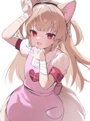 Rule 34 | 1girl, :3, :d, animal ear fluff, animal ears, apron, armband, arms up, bandaged arm, bandages, blonde hair, cat ears, center frills, collared dress, commentary request, dress, fang, frills, hands up, hanei shiro, heart, heart print, highres, kemonomimi mode, long hair, looking at viewer, natori sana, open mouth, paw pose, pink apron, price tag, puffy short sleeves, puffy sleeves, red armband, red eyes, safety pin, sana channel, short sleeves, simple background, smile, solo, two side up, virtual youtuber, white background, white dress