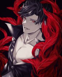 Rule 34 | 1boy, abs, bad id, bad pixiv id, belial (granblue fantasy), black hair, black shirt, feather boa, granblue fantasy, grey background, grin, highres, long sleeves, looking at viewer, male focus, omotim000, open clothes, pectorals, red eyes, revealing clothes, shirt, short hair, smile, solo, toned, toned male, upper body