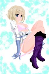 Rule 34 | 1girl, artist request, blonde hair, blue eyes, blush, boots, bra, breasts, cleavage, full body, highres, medium breasts, nasu rei, open clothes, panties, pink bra, pink panties, removing panties, short hair, solo, tagme, underwear, undressing, world trigger