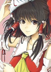 Rule 34 | 1girl, arm up, ascot, bad id, bad pixiv id, bow, brown eyes, brown hair, cibo (killy), collarbone, detached sleeves, dress, hair bow, hair tubes, hakurei reimu, looking at viewer, mask, mouth mask, red dress, smile, solo, touhou, upper body