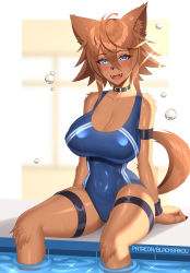Rule 34 | 1girl, :d, animal ear fluff, animal ears, animal nose, black choker, blacksaikou, blue eyes, blue one-piece swimsuit, blush, breasts, choker, collarbone, commentary, dog ears, dog girl, dog tail, english commentary, eyes visible through hair, fangs, furry, furry female, hair between eyes, highres, large breasts, looking at viewer, monster musume no iru nichijou, one-piece swimsuit, open mouth, polt, pool, short hair, smile, solo, swimsuit, tail, thigh strap, water