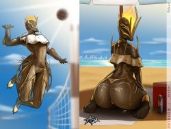 Rule 34 | 1girl, arcafterdark, arm up, ass, ball, beach, bikini, bikini bottom only, breasts, cloud, cloudy sky, colored skin, ember (warframe), ember prime (warframe), feet, fire, highres, jumping, kneeling, looking at viewer, looking back, lotion, multicolored skin, multiple views, ocean, playing sports, signature, sky, sunscreen, swimsuit, towel, umbrella, volleyball, volleyball (object), volleyball net, warframe