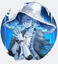 Rule 34 | 1girl, blue eyes, blue hair, blue heart, blue skin, cloak, close-up, colored skin, dual persona, elden ring, extra arms, fur cloak, hat, heart, highres, himuro shunsuke, jewelry, long hair, one eye closed, profile, ranni the witch, ring, smile, solo, symbol-only commentary, witch