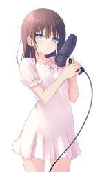 Rule 34 | 1girl, blue eyes, blush, bow, breasts, brown hair, cable, cleavage cutout, clothing cutout, collarbone, commentary request, cowboy shot, dress, hair between eyes, hair dryer, hands up, highres, holding, looking at viewer, medium hair, na-ga, nightgown, original, parted lips, pink bow, pink dress, puffy sleeves, short sleeves, simple background, small breasts, solo, standing, thighhighs, thighs, white background