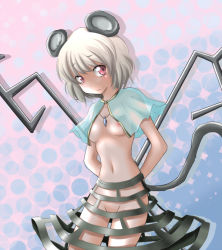 Rule 34 | 1girl, animal ears, ao usagi, arms behind back, breasts, capelet, embarrassed, female focus, flapper shirt, hole, jewelry, mouse ears, mouse tail, nazrin, nipple slip, nipples, no panties, pendant, revealing clothes, see-through, shirt, short hair, silver hair, skirt, solo, tail, touhou