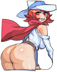 Rule 34 | 1girl, :d, ass, bare shoulders, bottomless, breasts, cape, curvy, hat, highres, hip focus, huge ass, large breasts, little witch academia, looking at viewer, looking back, maniacpaint, no panties, open mouth, red eyes, red hair, shiny chariot, short hair, smile, solo, thick thighs, thighs, wide hips, witch, witch hat