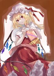 Rule 34 | 1girl, blonde hair, crystal, expressionless, flandre scarlet, hair between eyes, hat, hat ribbon, highres, looking at viewer, mob cap, parted lips, puffy sleeves, red eyes, red vest, ribbon, short sleeves, skirt, solo, touhou, tsukishiro, vest, wings