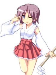 Rule 34 | 00s, 1girl, adapted uniform, blue eyes, detached sleeves, gohei, highres, hiiragi inori, japanese clothes, lucky star, mai (t-5), mai t-5, miko, one eye closed, purple hair, short hair, solo, tongue, transparent background, weapon, wink