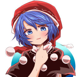 Rule 34 | 1girl, black capelet, blue eyes, blue hair, blush, capelet, clip studio paint (medium), commentary request, doremy sweet, hat, looking at viewer, nightcap, open mouth, pom pom (clothes), red hat, short hair, short sleeves, solo, touhou, upper body, white background, yasui nori