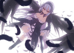 Rule 34 | 1girl, bad id, bad pixiv id, black feathers, breasts, cleavage, demekyon, doll joints, dress, feathers, frilled legwear, hairband, joints, large breasts, lolita fashion, long hair, looking at viewer, purple eyes, rozen maiden, silver hair, smile, solo, suigintou, wings