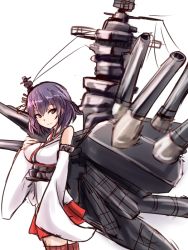 Rule 34 | 10s, 1girl, black hair, cowboy shot, detached sleeves, hand on own chest, kantai collection, looking at viewer, machinery, nontraditional miko, red eyes, short hair, sketch, sleeves past wrists, solo, sumapan, white background, yamashiro (kancolle)