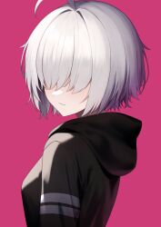 Rule 34 | 1girl, ahoge, arc 9 (mikoscrub), black hoodie, breasts, closed mouth, covered eyes, from side, grey hair, hair over eyes, highres, hood, hood down, hoodie, mikoscrub, original, pink background, short hair, simple background, small breasts, solo, upper body