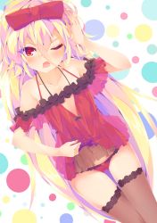 Rule 34 | 1girl, babydoll, babydoll lift, bare shoulders, black thighhighs, blonde hair, blush, bow, collarbone, dennryuurai, frilled babydoll, frilled panties, frills, hair bow, highres, lifted by self, long hair, looking at viewer, navel, one eye closed, open mouth, original, panties, red bow, red eyes, red panties, see-through, solo, thighhighs, underwear