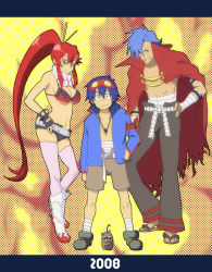 Rule 34 | 00s, 1girl, 2008, 2boys, belt, bikini, bikini top only, black gloves, blue hair, breasts, buckle, cape, cleavage, creature, drill, fingerless gloves, gloves, goggles, goggles on head, jewelry, kamina (ttgl), large breasts, long hair, looking at viewer, multiple boys, muscular, necklace, pants, pendant, pink thighhighs, red hair, short shorts, shorts, simon (ttgl), swimsuit, tengen toppa gurren lagann, thighhighs, very long hair, yoko littner