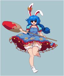Rule 34 | 1girl, :d, ambiguous red liquid, animal ears, bloomers, blue dress, blue hair, braid, commentary request, crescent print, dress, earclip, frilled dress, frills, full body, grey background, holding, kine, leg up, long hair, looking at viewer, lowres, mallet, namako daibakuhatsu, no shoes, open mouth, pixel art, puffy short sleeves, puffy sleeves, rabbit ears, red eyes, seiran (touhou), short sleeves, simple background, smile, socks, solo, standing, standing on one leg, star (symbol), star print, touhou, twin braids, underwear, white bloomers, white socks