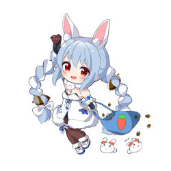 Rule 34 | 1girl, :d, absurdres, acorn, acorn hair ornament, ame., animal ear fluff, animal ears, arm up, bag, bare shoulders, black gloves, black leotard, blue hair, blush, bow, braid, brown pantyhose, candy, chibi, chocolate, chocolate heart, commentary request, detached sleeves, dress, english text, food, full body, fur-trimmed dress, fur-trimmed gloves, fur trim, gloves, hair bow, heart, highres, holding, holding bag, holding food, hololive, leotard, looking at viewer, multicolored hair, open mouth, pantyhose, pekomon (usada pekora), puffy short sleeves, puffy sleeves, rabbit-shaped pupils, rabbit ears, red eyes, shoes, short eyebrows, short sleeves, simple background, smile, strapless, strapless dress, strapless leotard, symbol-shaped pupils, thick eyebrows, twin braids, twintails, two-tone hair, usada pekora, usada pekora (1st costume), virtual youtuber, white background, white bow, white dress, white footwear, white hair, white sleeves