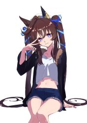 Rule 34 | 1girl, :3, absurdres, animal ears, black jacket, blue shorts, breasts, brown hair, closed mouth, crop top, crop top overhang, cutoffs, feet out of frame, hair ribbon, hand up, hat, head tilt, highres, horse ears, horse girl, horse tail, invisible chair, jacket, long hair, long sleeves, mole, mole under eye, multicolored nails, nail polish, navel, open clothes, open jacket, purple eyes, ribbon, shirt, shorts, simple background, sitting, small breasts, smile, solo, tail, twintails, umamusume, very long hair, vivlos (umamusume), w, watou, white background, white hat, white shirt
