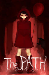 Rule 34 | 1girl, balloon, black hair, boots, child, forest, highres, hood, little red riding hood, nankaidools, nature, pigeon-toed, red theme, robin (the path), solo, the path, wolf