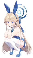 Rule 34 | 1girl, animal ears, bare shoulders, blonde hair, blue archive, blue bow, blue eyes, blue hairband, blue leotard, bow, bowtie, braid, breasts, closed mouth, commentary, detached collar, ear piercing, earpiece, elbow on knee, elbow rest, fake animal ears, full body, hairband, halo, head rest, high heels, highleg, highleg leotard, highres, leotard, long hair, looking at viewer, medium breasts, official alternate costume, official alternate hairstyle, piercing, playboy bunny, rabbit ears, simple background, sleeves past wrists, solo, squatting, thighhighs, thighs, tiptoes, toki (blue archive), toki (bunny) (blue archive), very long hair, white background, white thighhighs, wrist cuffs, yu yomota