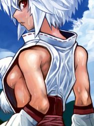 Rule 34 | 1girl, bad id, bad pixiv id, bare shoulders, breasts, detached sleeves, hoshitetsu ringo, inubashiri momiji, looking at viewer, looking back, no bra, pom pom (clothes), red eyes, short hair, sideboob, small breasts, solo, sweat, touhou, white hair