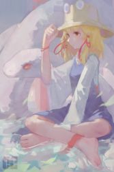 Rule 34 | 1girl, absurdres, animal, barefoot, between legs, carbonizedc, closed mouth, dress, from side, hair ribbon, hand between legs, hand on own head, hand up, hat, highres, huge filesize, liquid, looking away, moriya suwako, red ribbon, ribbon, short hair, sitting, sitting on liquid, snake, solo, toes, touhou, water, watermark, white snake, wide sleeves, yellow eyes, yellow hat