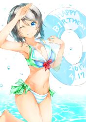 1girl arm_up armpits bikini blue_eyes blush bow breasts brown_hair english_text feet grey_hair happy_birthday highres innertube love_live! love_live!_sunshine!! navel ocean one_eye_closed ribbon salute short_hair shouma_(1026syoma) side-tie_bikini_bottom simple_background smile solo stomach swim_ring swimsuit thighs tube watanabe_you water wavy_hair