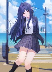 Rule 34 | 1girl, absurdres, arms behind back, awa subaru, black jacket, black socks, blue sky, cloud, commentary request, crosswalk, day, girls band cry, green necktie, grin, hair ribbon, highres, horizon, jacket, kneehighs, long hair, looking at viewer, necktie, ocean, open clothes, open jacket, outdoors, parted lips, pedestrian crossing sign, plaid, plaid skirt, pleated skirt, power lines, purple eyes, purple hair, purple skirt, ribbon, school uniform, shirt, skirt, sky, smile, socks, solo, traffic light, utility pole, white ribbon, white shirt, xiongji z z