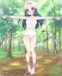 Rule 34 | 1girl, barefoot, beanie, blue eyes, blue hair, blush, breasts, cameltoe, commentary request, creatures (company), dawn (pokemon), day, game freak, grass, hair ornament, hairclip, hat, highres, knees, long hair, looking at viewer, mechanical tentacles, nintendo, open mouth, outdoors, outstretched arms, panties, pink panties, poke ball print, pokemon, pokemon (anime), pokemon dppt (anime), shirt, sleeveless, sleeveless shirt, solo, tearing up, toes, tree, underwear, white hat, white shirt, yuzukiaz